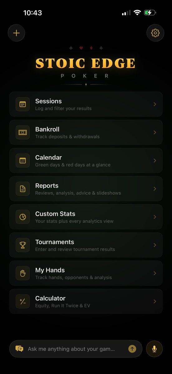 Stoic Edge Poker home screen: Sessions, Bankroll, Calendar, Reports, Custom Stats, Tournaments, My Hands, and Calculator