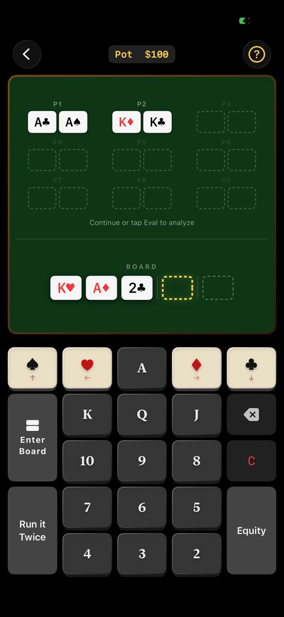 Calculator card entry: a dealer-style keypad with rank and suit keys for entering hands and the board in seconds