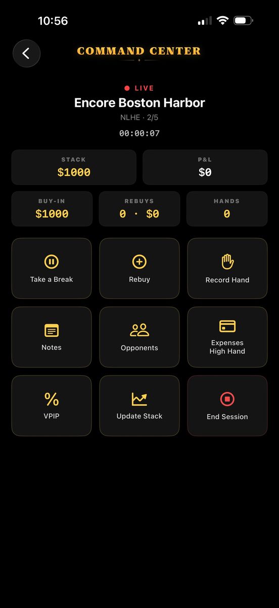 Live Command Center: live session stats with action tiles for Take a Break, Rebuy, Record Hand, Notes, Opponents, Expenses, and Update Stack