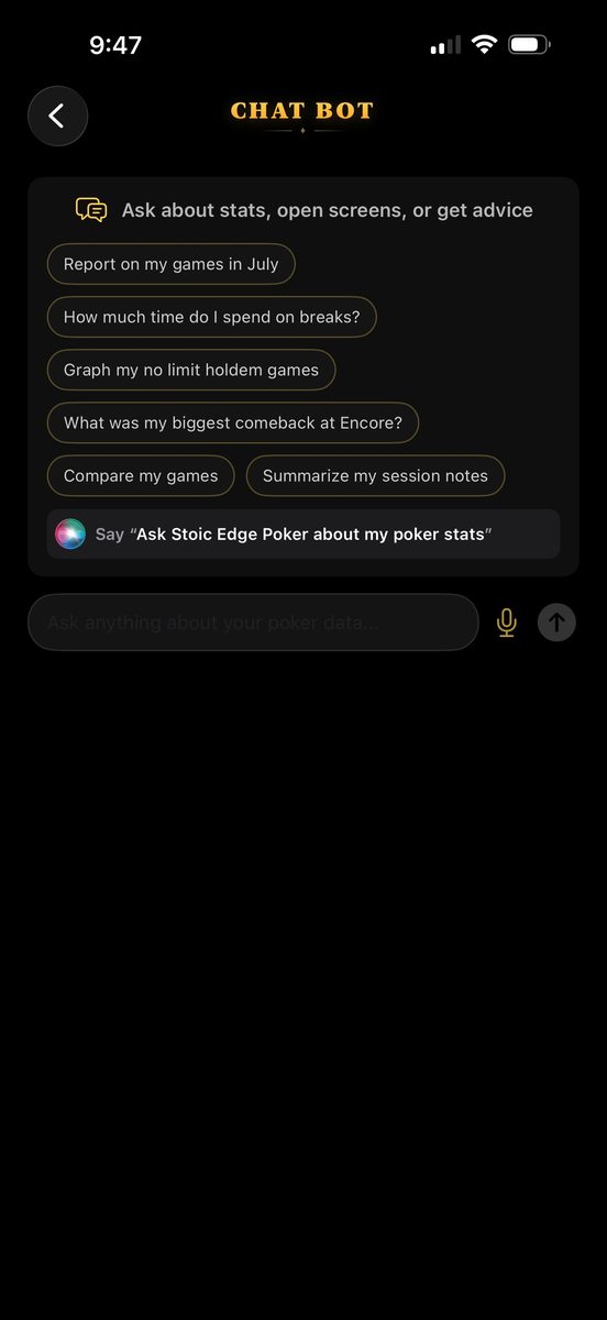 Chat Bot screen with suggested questions like Report on my games in July and What was my biggest comeback at Encore, plus a Siri shortcut