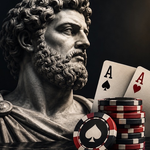 A marble Stoic bust beside pocket aces and poker chips — the Stoic Edge emblem