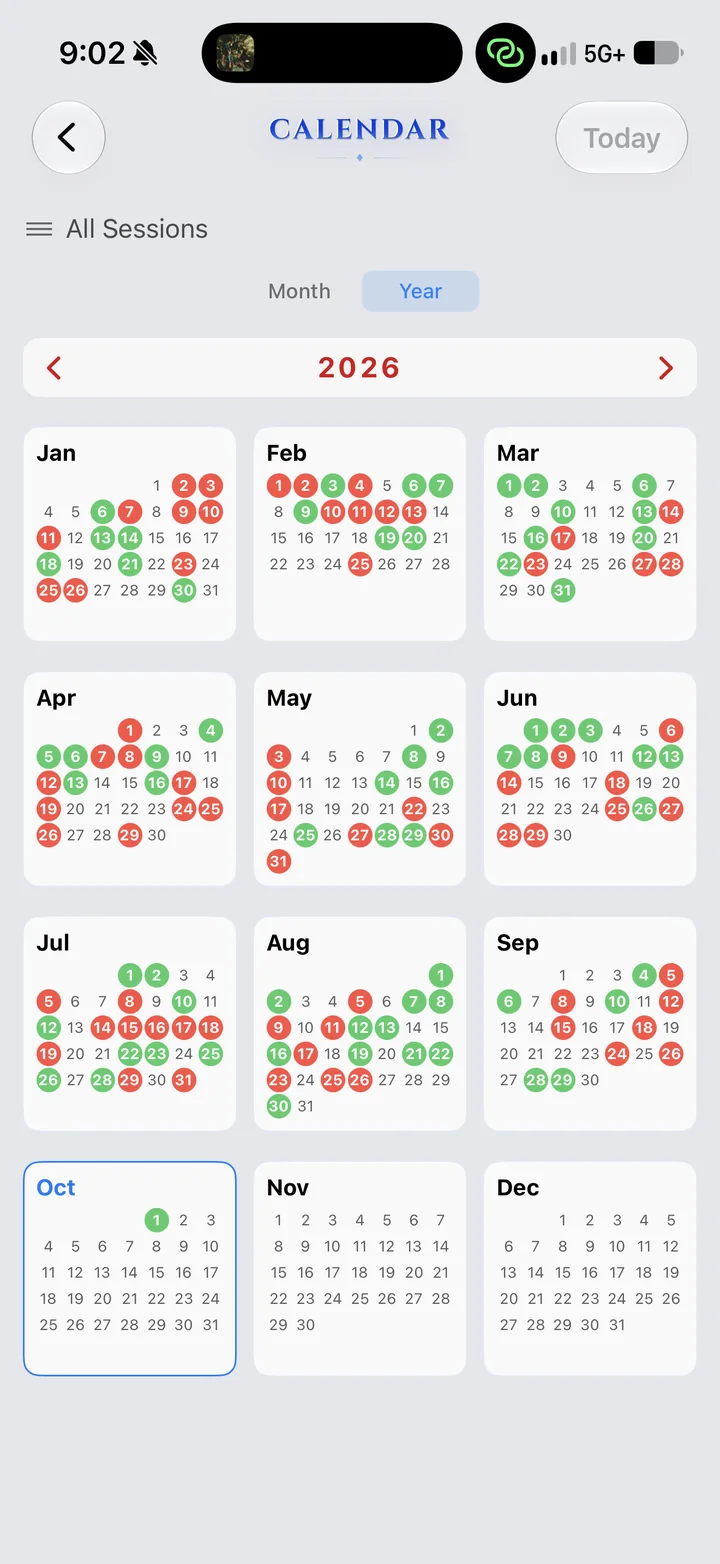 Year calendar for 2026: January through September filled with green and red session days, October just begun