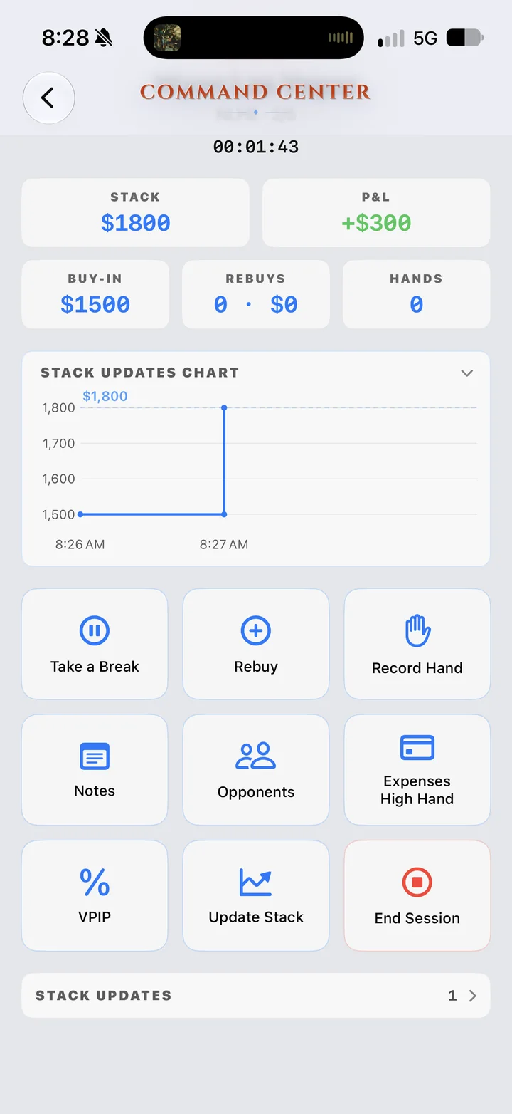 Command Center: stack $1,800, P&L plus $300, buy-in $1,500, a stack chart stepping up, and action tiles for break, rebuy, record hand, notes, opponents, and more