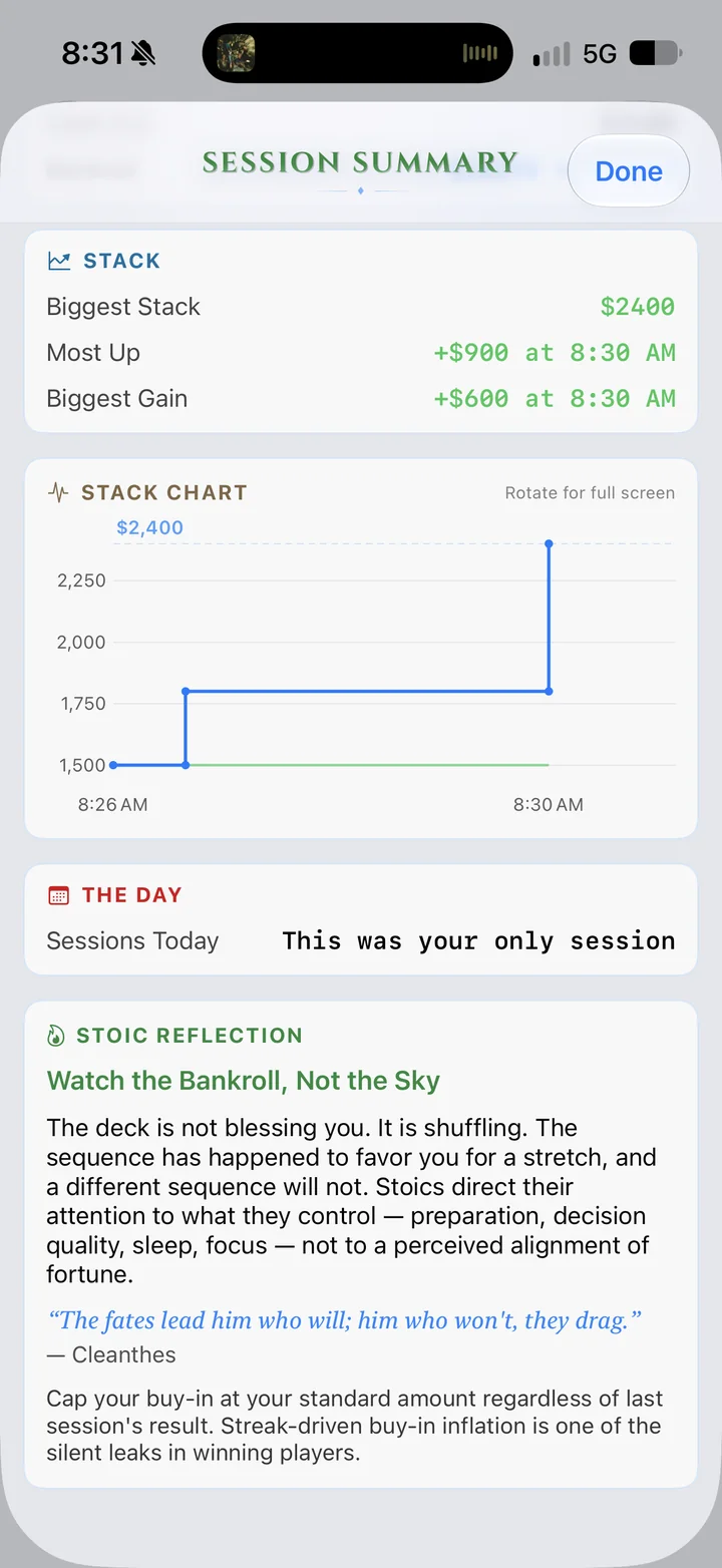 Session Summary: biggest stack $2,400, most up plus $900 at 8:30 AM, a stack chart, and a Stoic Reflection titled Watch the Bankroll, Not the Sky with a quotation from Cleanthes